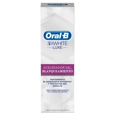 Oral B 3D White Whitening Accelerator in 75ml tube, shown with packaging, for brightening teeth and enhancing smile.