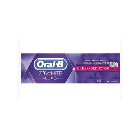Oral-B 3D White Luxe Whitening Toothpaste in 75ml tube, featuring fresh mint flavor and whitening formula, displayed on a clean surface.