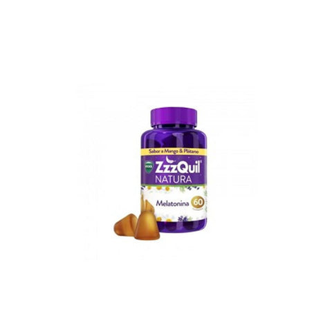 Vicks ZzzQuil Natura Melatonin sleep aid bottles with mango and banana flavor, 60 units, featuring colorful packaging.