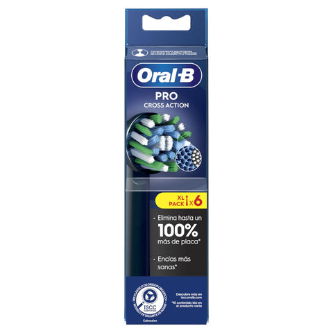 Six Oral-B Pro Cross Action black toothbrush refills, compatible with electric toothbrushes, featuring cross-action bristles.