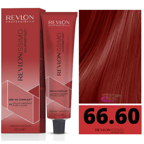 Revlon Revlonissimo Colorsmetique 66,60 Deep Red hair dye tube, 60ml, with packaging showing vibrant deep red color.