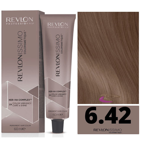 Revlonissimo Colorsmetique high coverage hair dye in shade 6.42, 60ml bottle, with brand label and vibrant color visible.