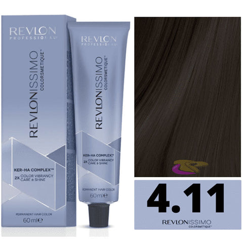 Revlon Revlonissimo Colorsmetique 4.11 Medium Chestnut Intense Ash hair dye in 60ml bottle, shown with packaging.