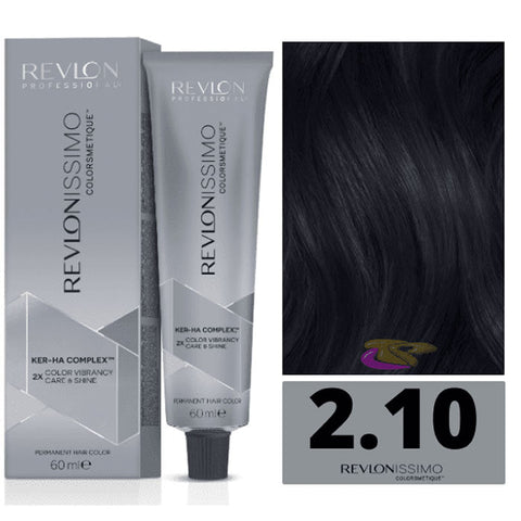 Revlon Revlonissimo Colorsmetique 2.10 Bluish Black hair dye tube, 60ml, with brand packaging and applicator tips visible.