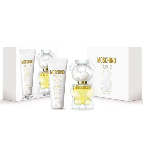 Two-piece set of Moschino Toy 2 Eau De Perfume Spray bottles, 50ml each, displayed with playful packaging and branding.
