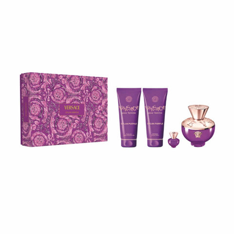 Versace Dylan Purple Eau de Perfume Spray 100ml set with four bottles, featuring purple liquid and elegant packaging.