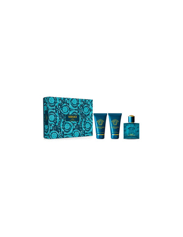 Versace Eros Eau de Toilette 50ml and Sgel 50ml, and Asbalm 50ml displayed in a sleek packaging.