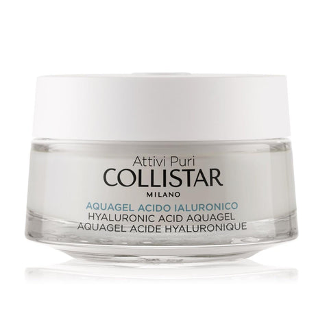 Collistar Attivi Puri Aquagel Hyaluronic Acid cream in 50ml jar, hydrating skincare product with a gel texture from Jag Couture London.