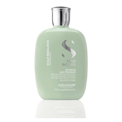 Alfaparf Milano Semi Di Lino Scalp Rebalance purifying low shampoo bottle, 250ml, with label and nozzle visible.