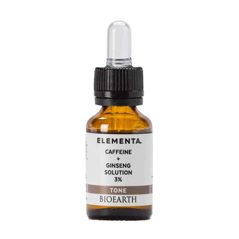 Bioearth Elementa Concentrado Cafeina Ginseng 15ml serum bottle with dropper, featuring natural ingredients for skincare.