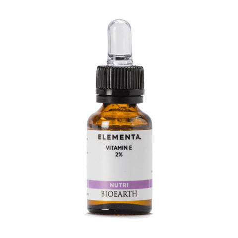 Bioearth Elementa Concentrado Nutri Vitamina-E 15ml bottle with dropper for skincare, from Jag Couture London New York.