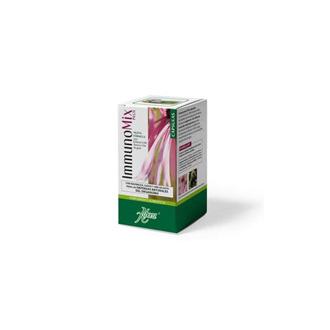 Aboca Immunomix Plus dietary supplement capsules in a bottle, designed to support immune health.