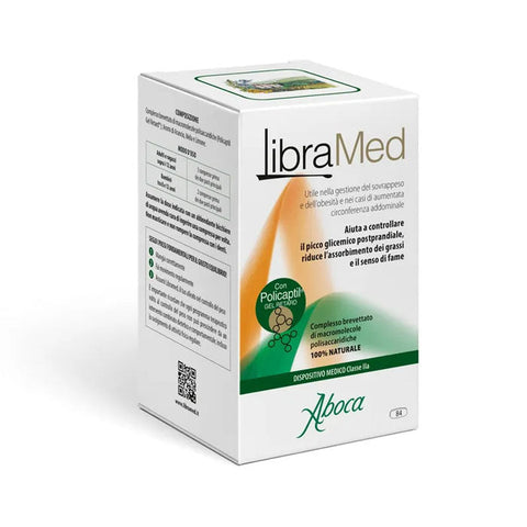 Aboca Libramed 84 tablets supplement in white bottle with label, produced by Jag Couture London - New York, close-up view.