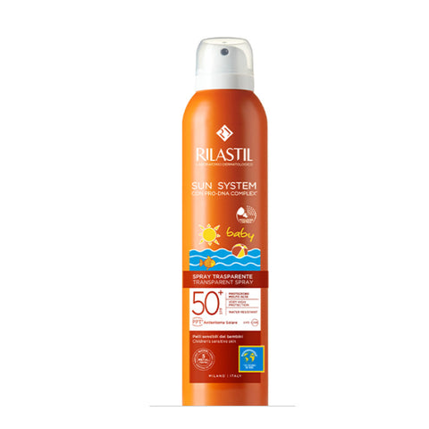 Rilastil Sun System Baby Spray SPF 50+ in a transparent 200ml bottle, designed for gentle sun protection for infants.