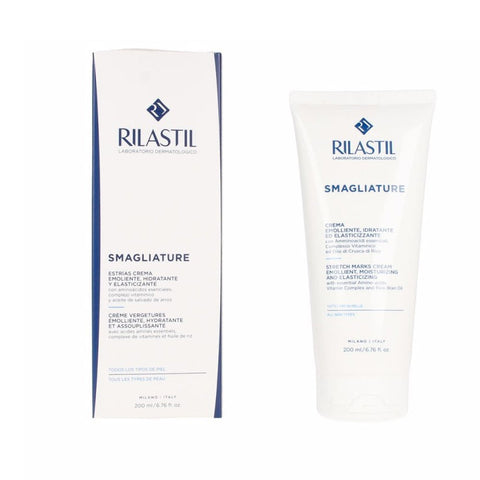 Rilastil Stretch Marks Cream in a 200ml jar, featuring smooth cream texture, on a neutral background.
