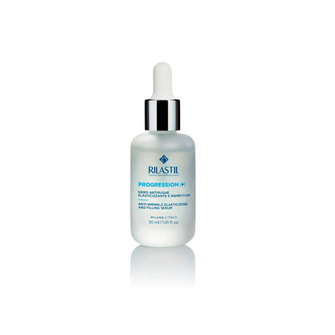 Rilastil Progression (+) anti-wrinkle serum in a 30ml bottle, designed to elasticize and plump skin effectively.