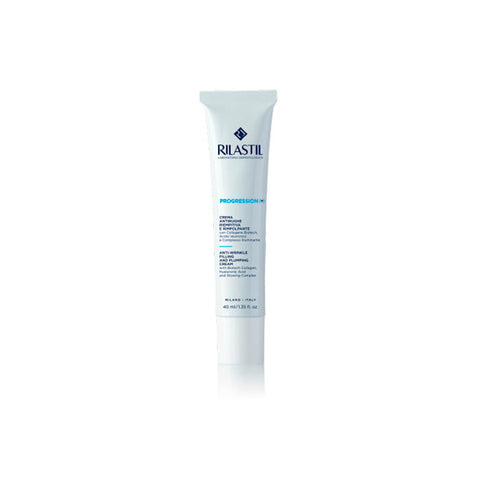 Rilastil Progression (+) anti-wrinkle and filler cream in 40ml jar, skincare product with smooth texture and white packaging