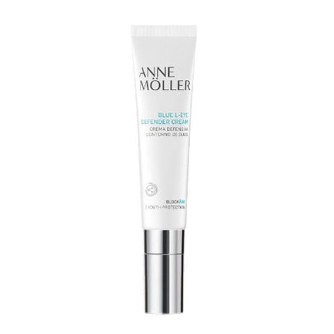 Anne Möller Blockâge Blue L-Eye Defender Cream in 15ml jar, featuring blue packaging and a smooth cream texture.