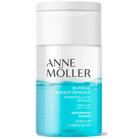 Anne Möller Clean Up Bi-Phase Eyes and Lips makeup remover in a 100ml bottle, shown with the product label and clear liquid