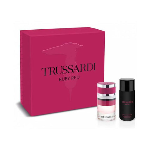 Trussardi Ruby Red perfume spray set with two 60ml bottles, elegant packaging, and vibrant red accents.