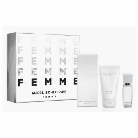 Angel Schlesser Femme Eau De Toilette spray 100ml set with three bottles, featuring elegant perfume bottles on a sleek display.