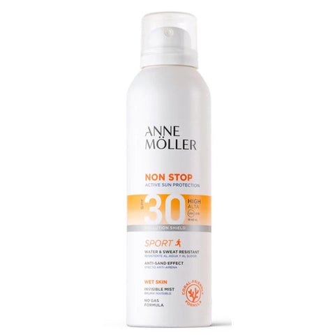 Anne Möller Non Stop Body Mist SPF30 bottle, 150ml, with a sleek design, suitable for protecting and moisturizing skin.