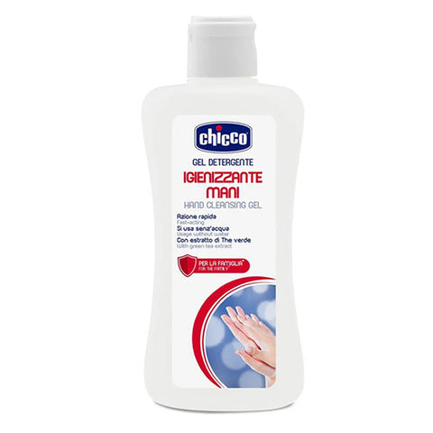 Chicco Hand Cleansing Gel 200ml bottle with clear gel and flip-top cap, displayed against a white background.