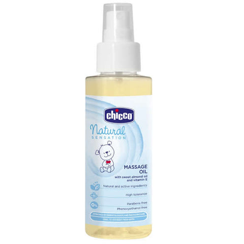 Chicco Natural Sensation massage oil in 100ml bottle, ideal for soothing skin, with a sleek packaging design.