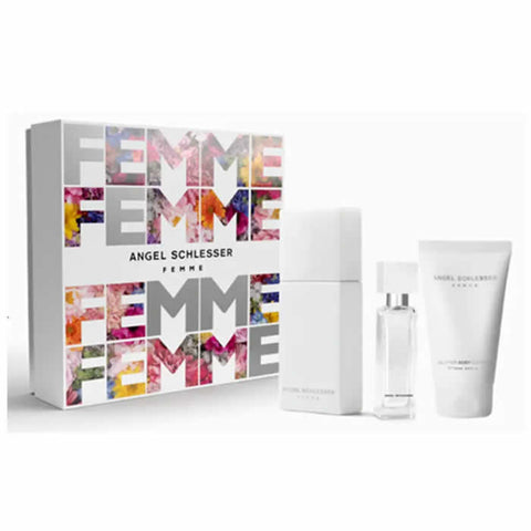 Angel Schlesser Femme Eau De Toilette 100ml spray set with three perfume bottles, elegant and floral fragrance from Jag Couture London.