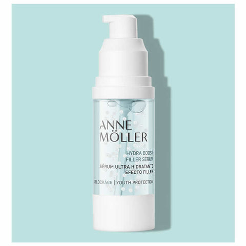 Anne Moller Blockage Hydra Boost Filler Serum in 30ml bottle, showing sleek packaging and applicator for hydration and skin plumping.