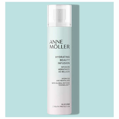 Anne Moller Blockage Hydrating Beauty Infusion bottle by Jag Couture London New York, featuring a sleek 100ml skincare product with a clear label.