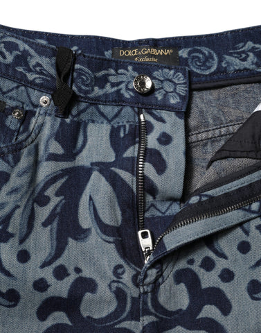 Blue Graphic Print Tapered Denim Jeans