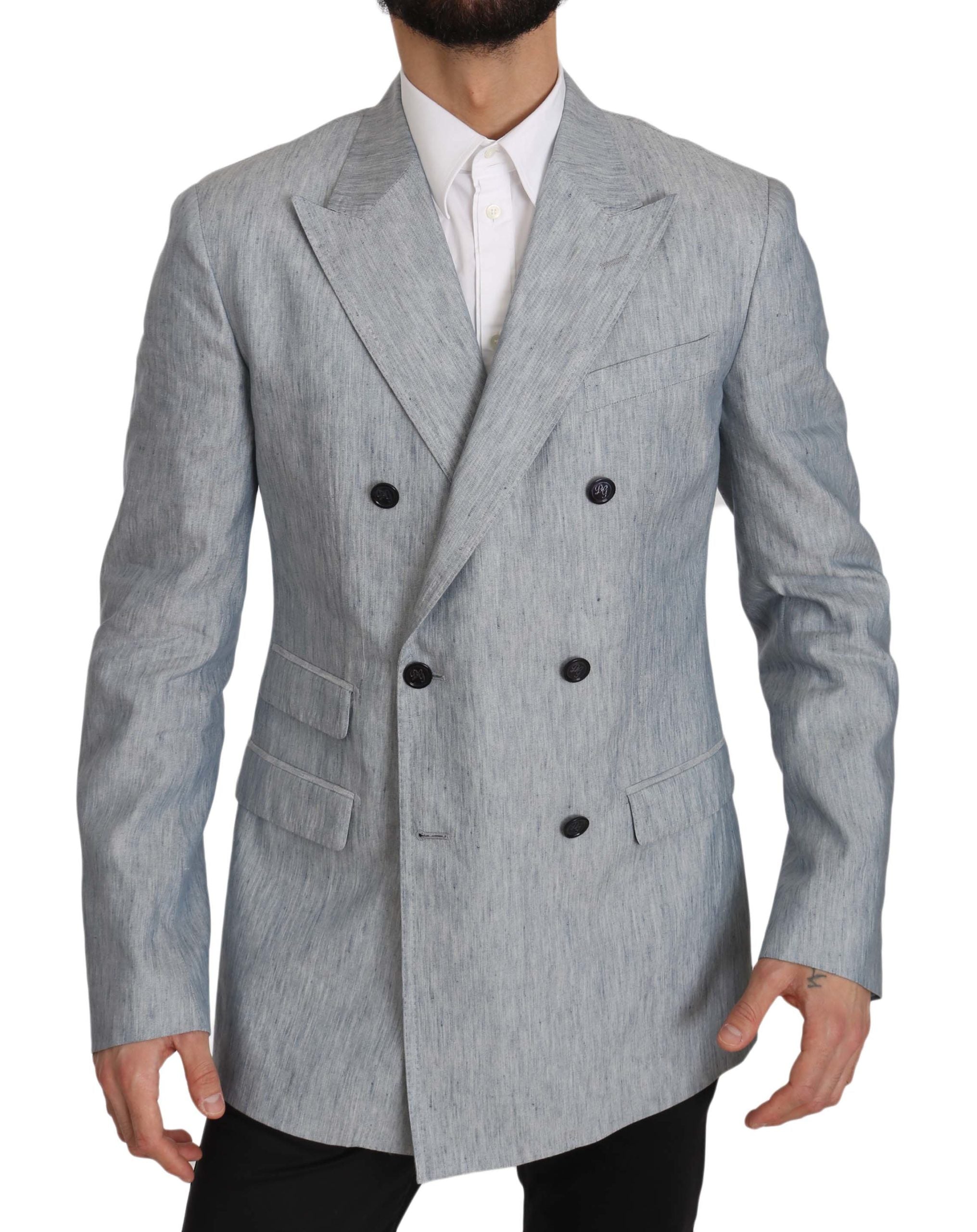 Blue Flax Napoli jacket blazer by Dolce & Gabbana, tailored fit with lapels and button closure, displayed on a hanger.