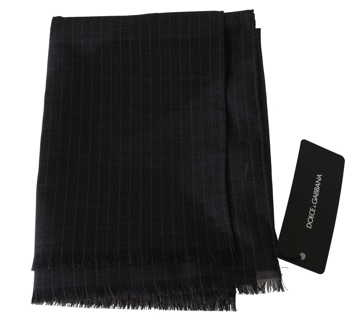Gray wool scarf with striped pattern by Dolce & Gabbana, showing soft fabric and stylish wrap design