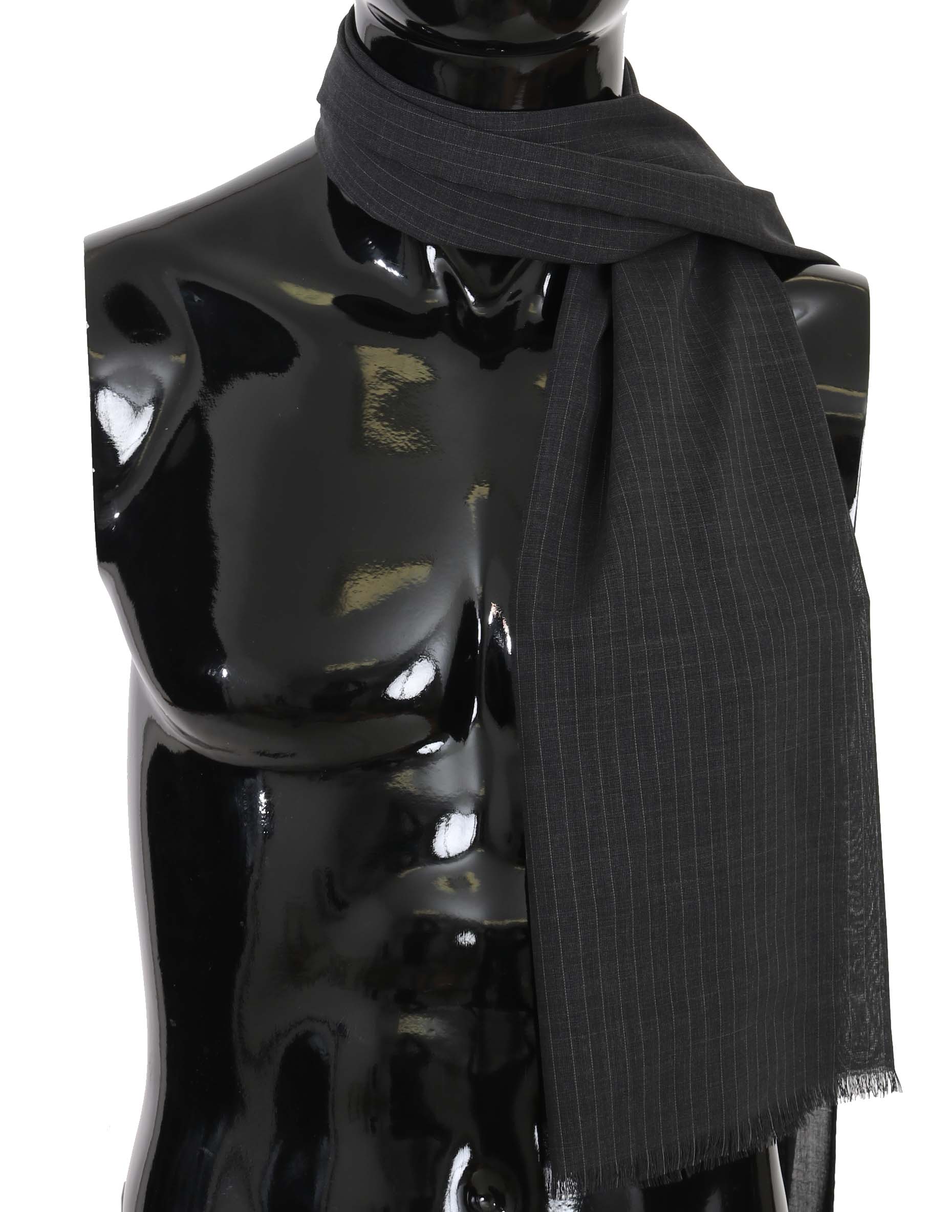 Gray wool wrap scarf with striped pattern from Dolce & Gabbana, showcasing soft 100% wool fabric and stylish design.