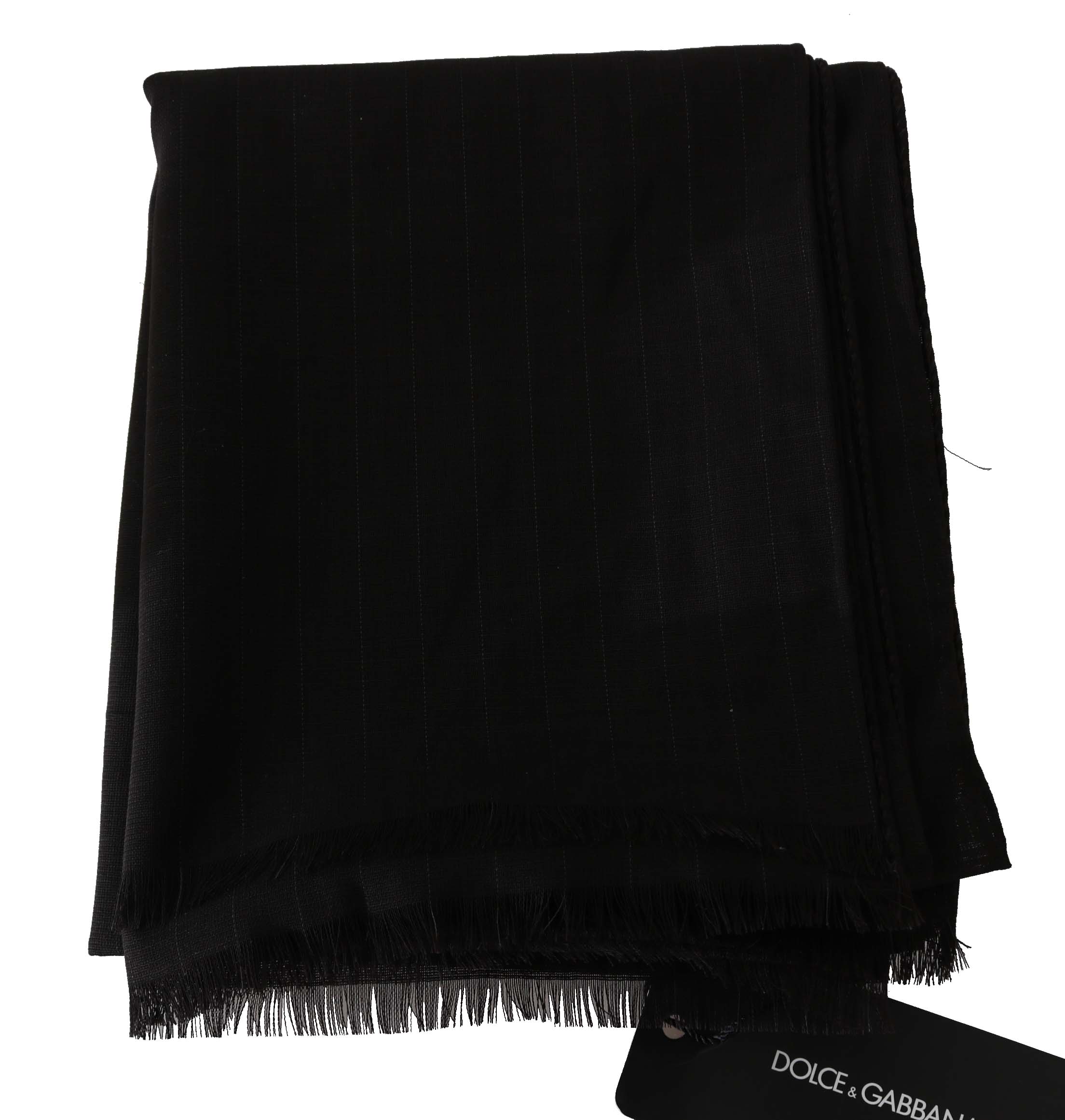 Dark gray virgin wool wrap scarf with striped pattern from Dolce & Gabbana, shown draped on a neutral background.