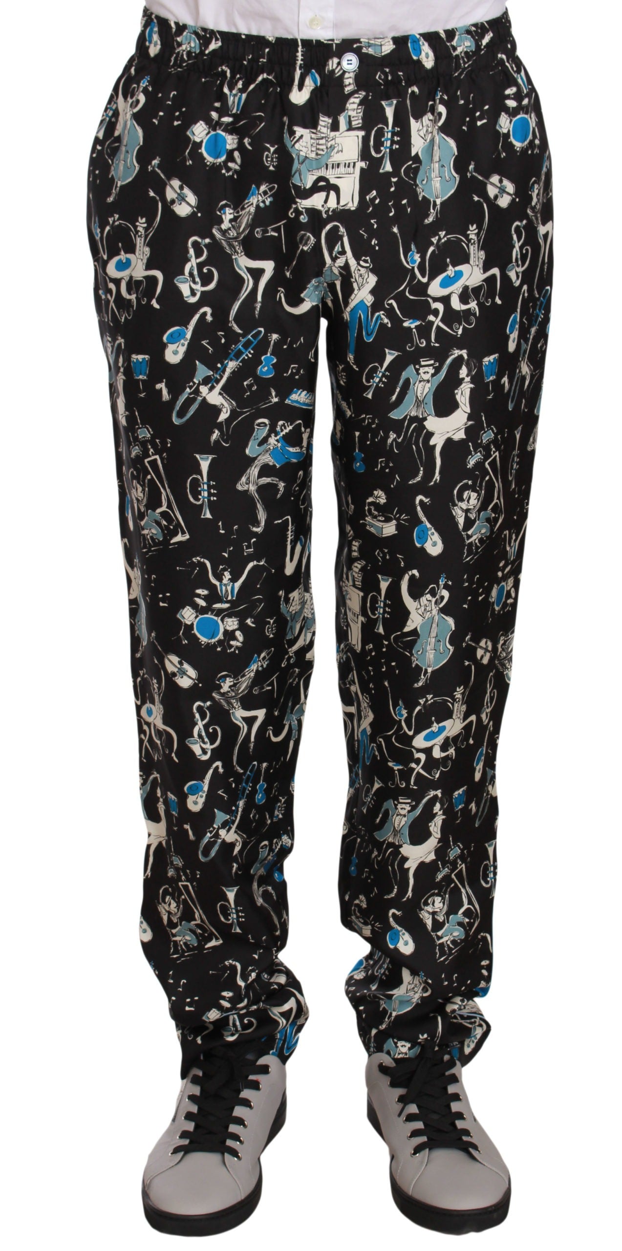 Black Dolce & Gabbana musical instrument print sleepwear pants with relaxed fit and comfortable fabric.
