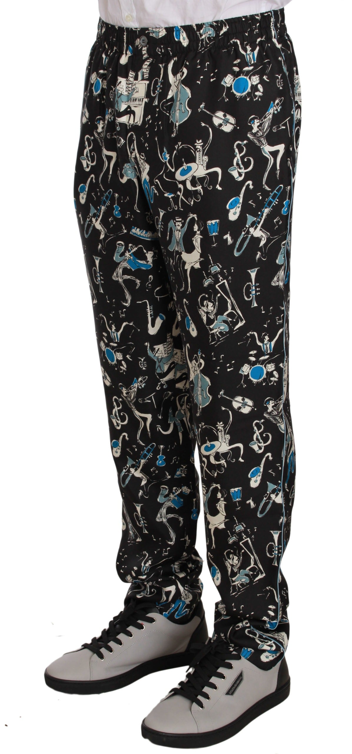 Black Dolce & Gabbana musical instrument sleepwear pants featuring musical notes and instrument patterns, comfortable relaxed fit.