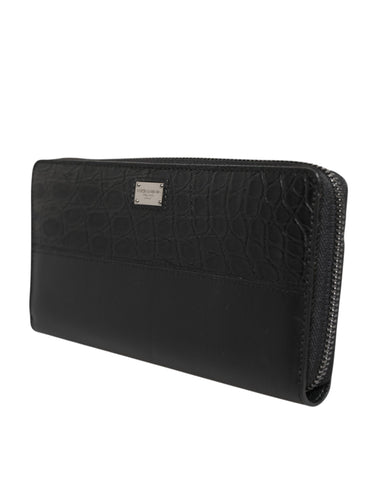 Black Leather Logo Plaque Zip Around Continental Wallet