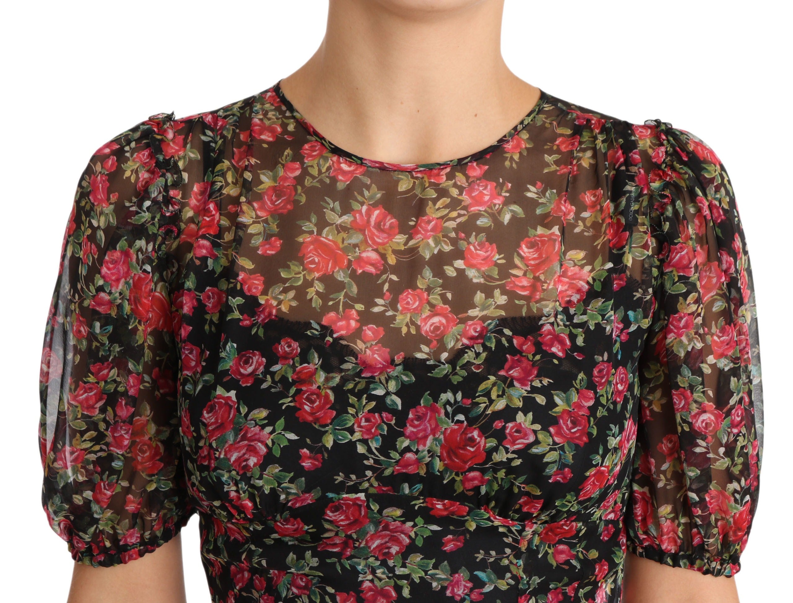 Black floral roses Dolce & Gabbana A-line shift gown dress with a fitted bodice and flowing skirt, detailed floral pattern.