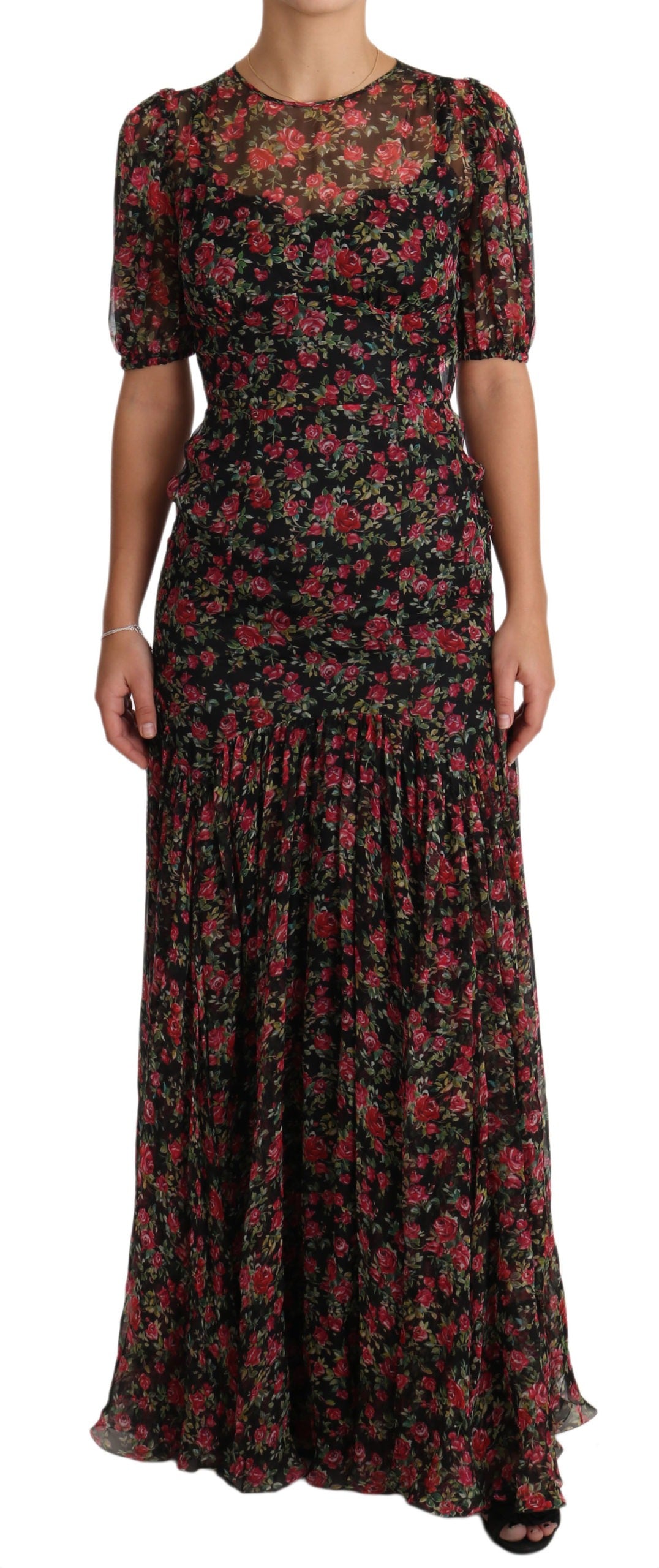 Black floral roses A-line shift gown dress by Dolce & Gabbana, featuring a fitted bodice and flowing skirt with rose print.