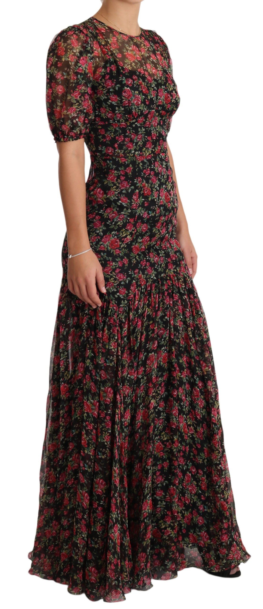 Black floral roses A-line shift gown dress by Dolce & Gabbana, featuring a fitted bodice and flowing skirt with floral print.
