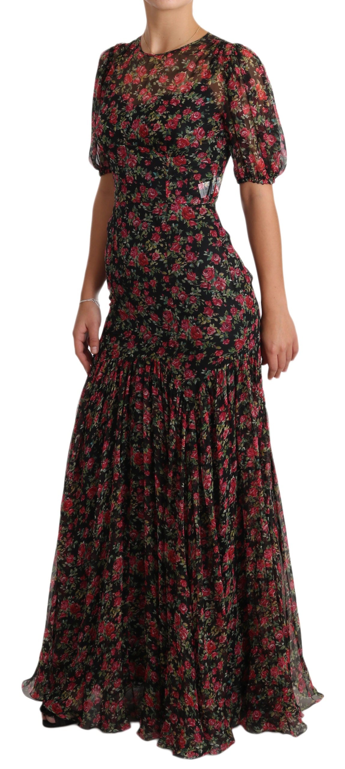 Black floral roses A-line shift gown dress by Dolce & Gabbana, featuring a fitted bodice and flowing skirt with vibrant floral pattern.