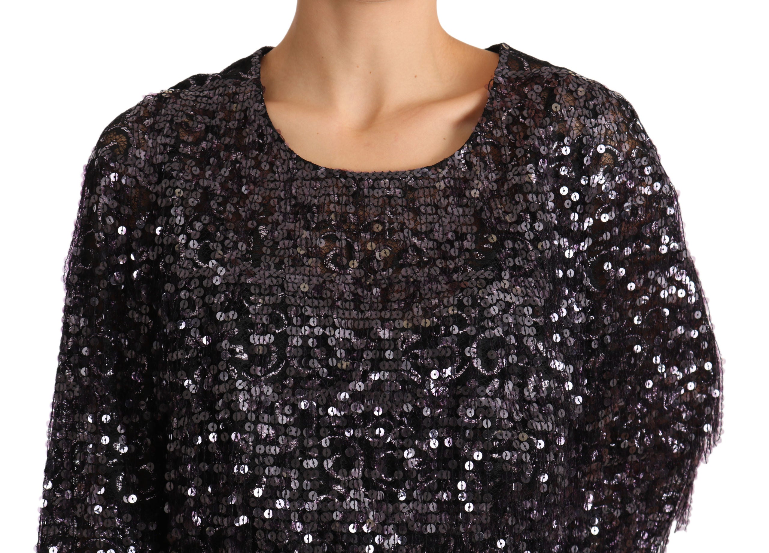 Black sequined long sleeve shift midi dress by Dolce & Gabbana, featuring shimmering sequins and a sleek, elegant design.