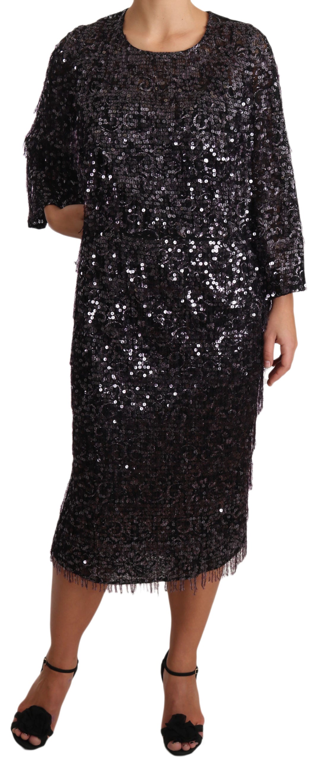 Black sequined long sleeve shift midi dress by Dolce & Gabbana, featuring shimmering sequins and a sleek, elegant silhouette.