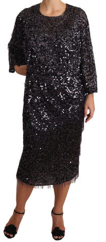 Black sequined long sleeve shift midi dress by Dolce & Gabbana, featuring shimmering sequins and a sleek, elegant silhouette.