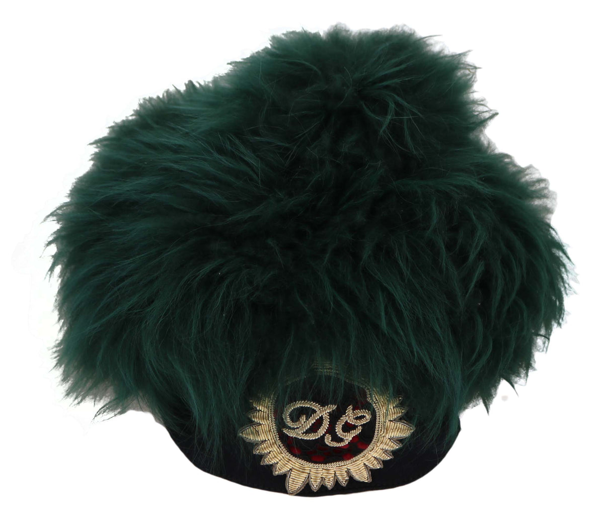 Green fur Dolce & Gabbana logo embroidered cloche hat with a stylish, rounded design and embroidered DG logo detail.