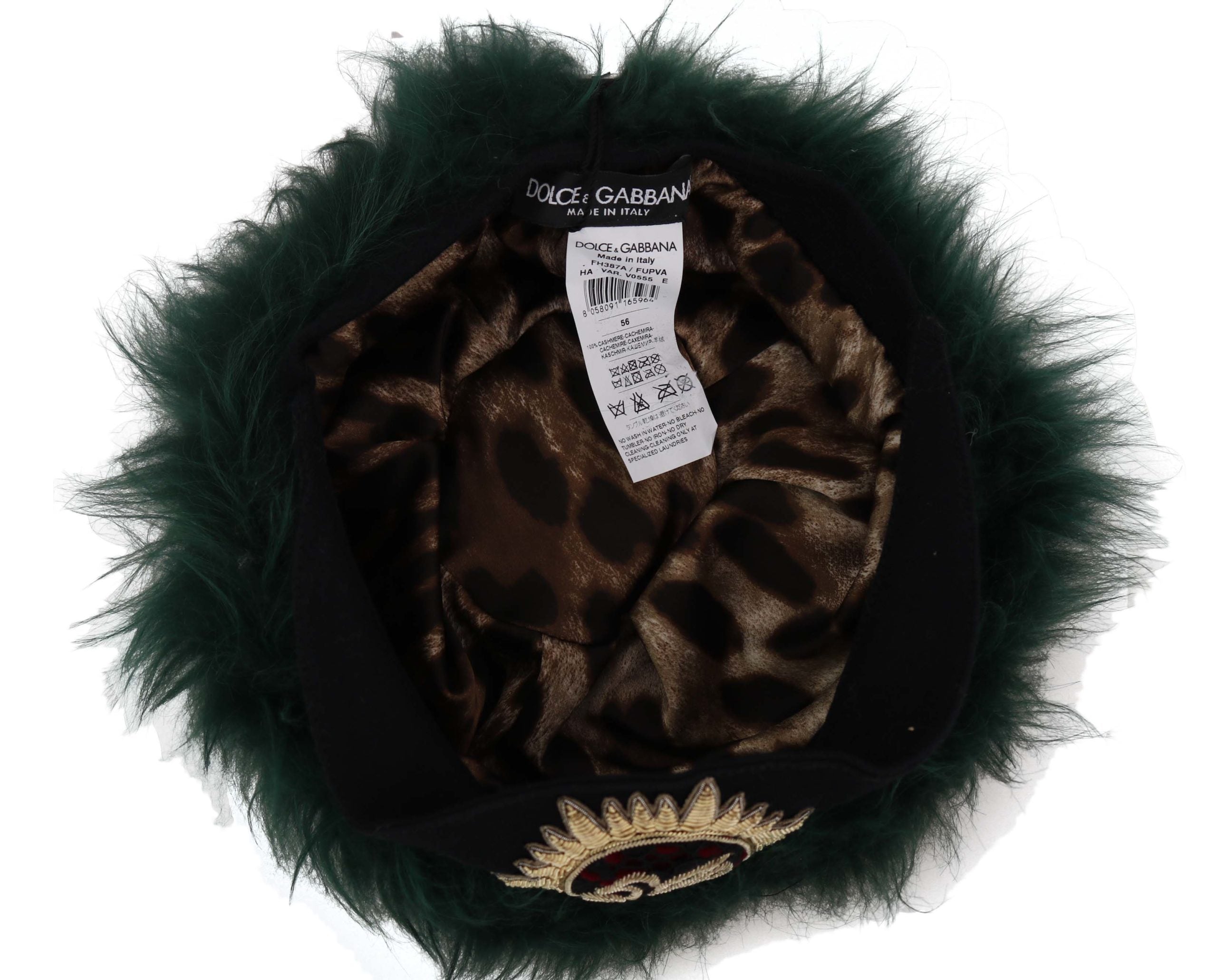 Green fur Dolce & Gabbana logo embroidered cloche hat with a rounded shape and stylish design.