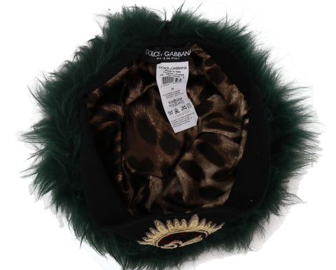 Green fur Dolce & Gabbana logo embroidered cloche hat with a rounded shape and stylish design.