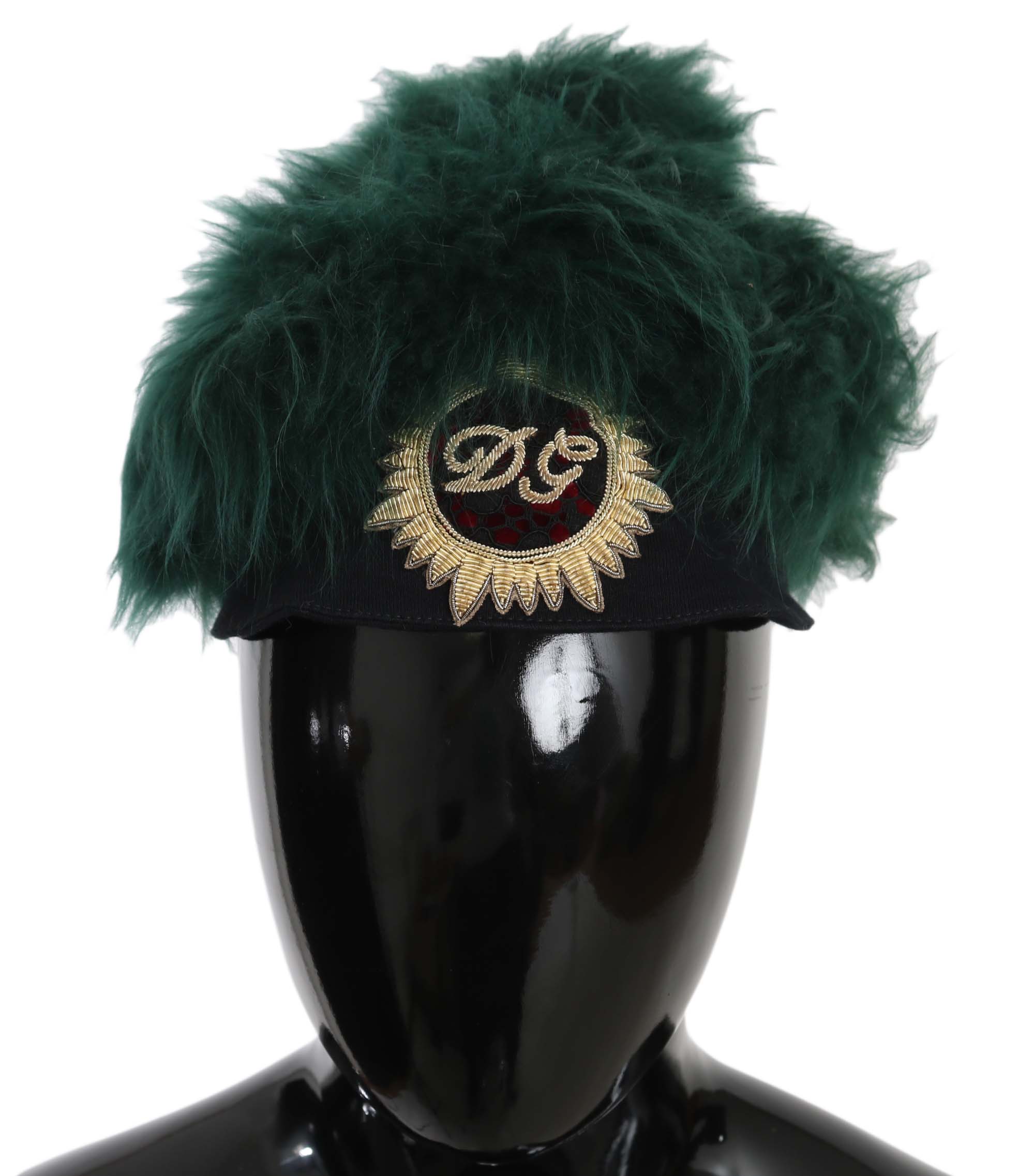Green fur Dolce & Gabbana embroidered DG logo cloche hat with a rounded brim and stylish design.